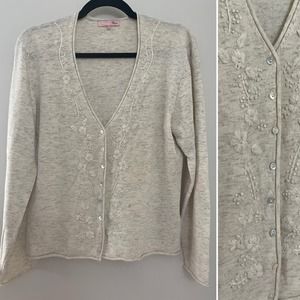 La Ligna Oatmeal Wool Embroidered Floral Cardigan Size Large